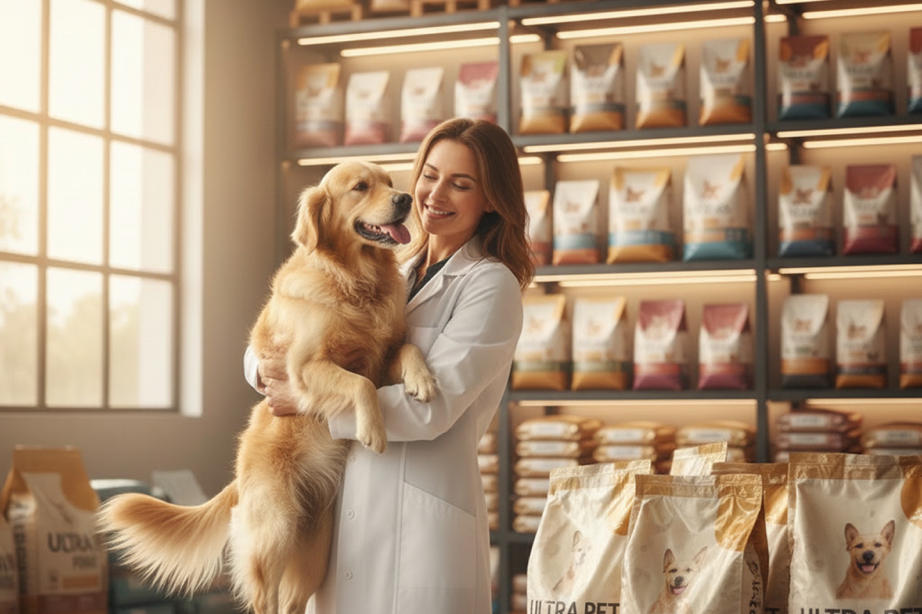 Veterinaria con perro frente a anaqueles de alimento para mascotas